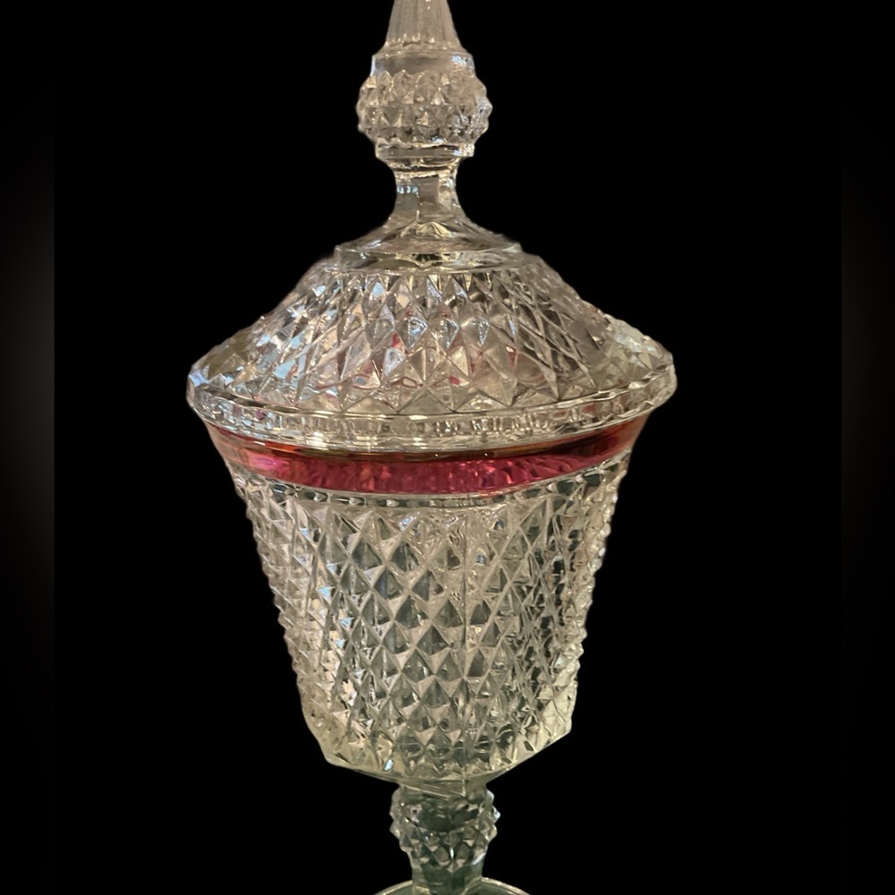 Vintage Indiana Glassware Diamond point Ruby cut Scalloped Footed Candy Dish